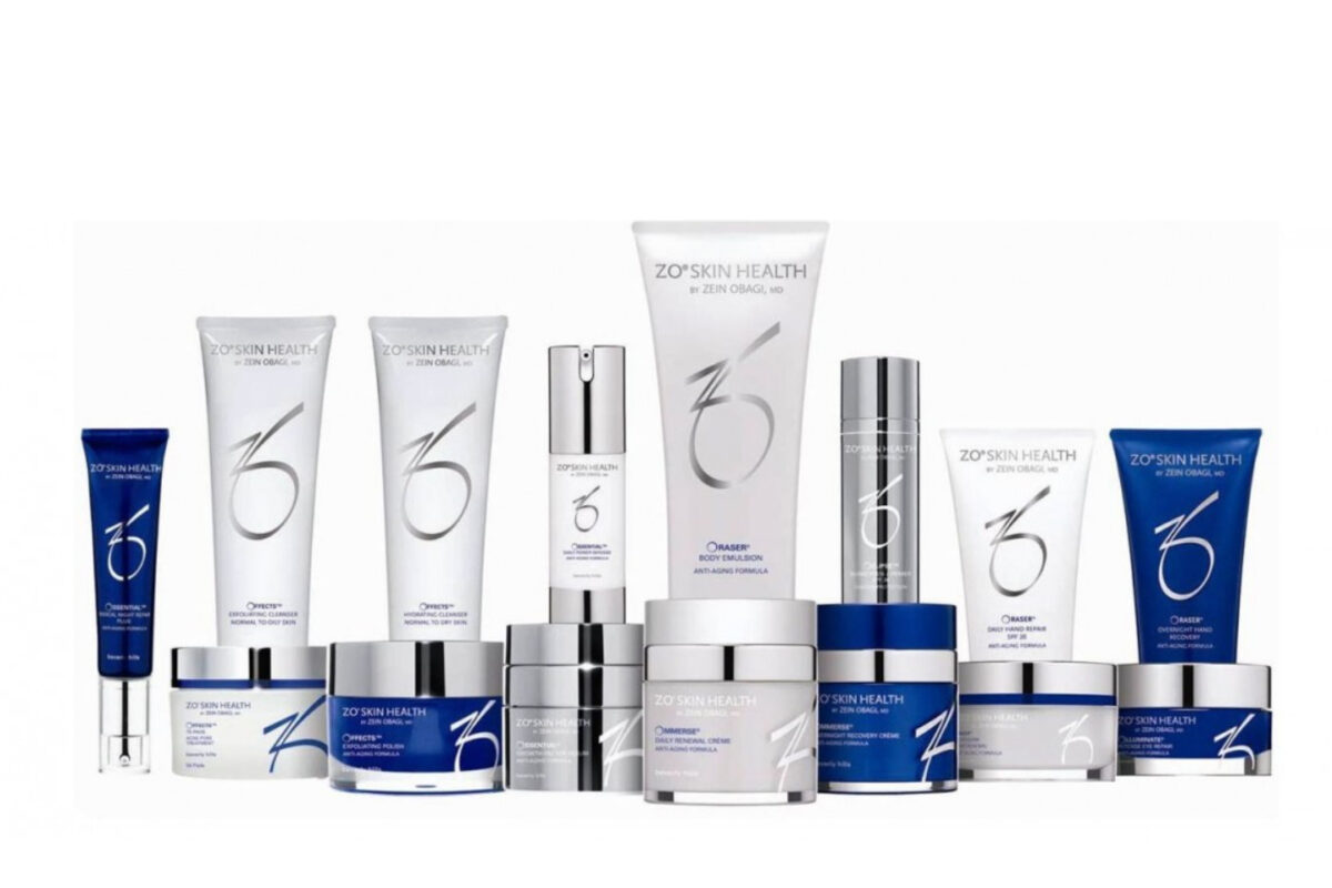 ZO Skin Health hudplejeprodukter i hvid og blå emballage